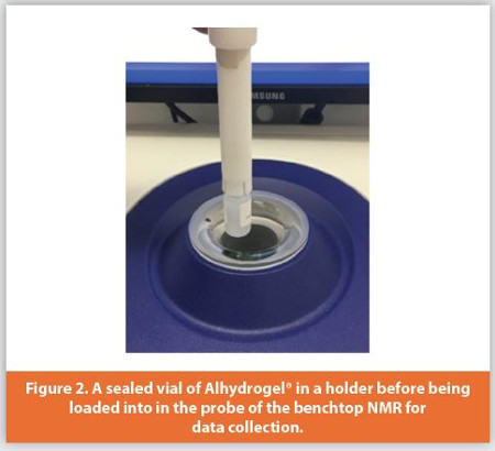 A sealed vial of Alhydrogel® in a holder before being loaded into in the probe of the benchtop NMR for data collection.