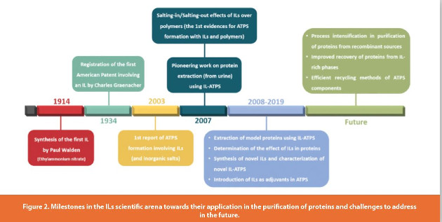 Milestones in the ILs scientific arena towards their application in the purification of proteins and challenges to address in the future.