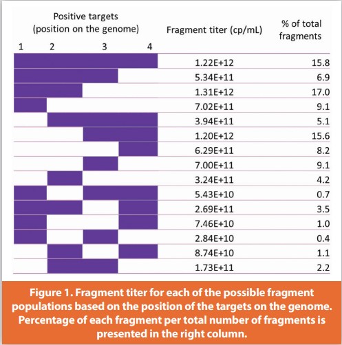 Figure 1. Fragment titer for each of the possible fragment
populations based on the position of the targets on the genome.Percentage of each fragment per total number of fragments is presented in the right column.