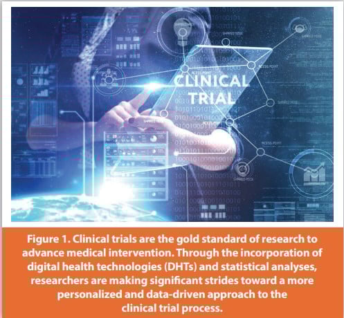 Figure 1. Clinical trials are the gold standard of research to advance medical intervention. Through the incorporation of digital health technologies (DHTs) and statistical analyses, researchers are making significant strides toward a more personalized and data-driven approach to the clinical trial process.