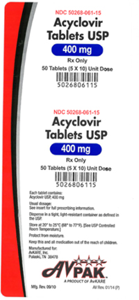 Acyclovir Tablet, USP, 400mg, 50ct Unit Dose, NDC# 50268-061-15, Lot Number 19900